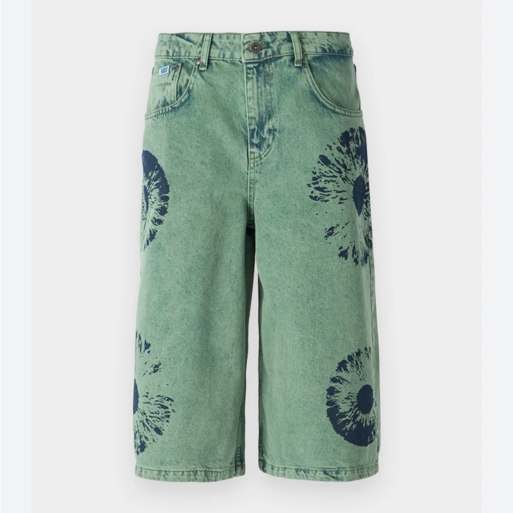 Green Denim Shorts with Blue Tie-Dye Pattern